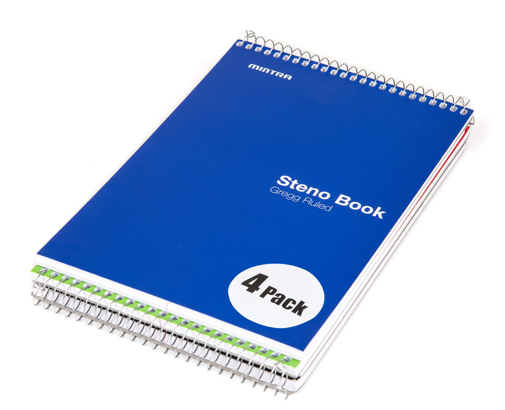 Mintra Office Steno Books Set - Top-Spiral Bound, Gregg Ruled, 70 Green Tint Sheets, Primary Color Covered Notebooks for Office, Professional, School & Work, Note-taking, Writing Pads, 6"x9", 4 Pack - Image 3